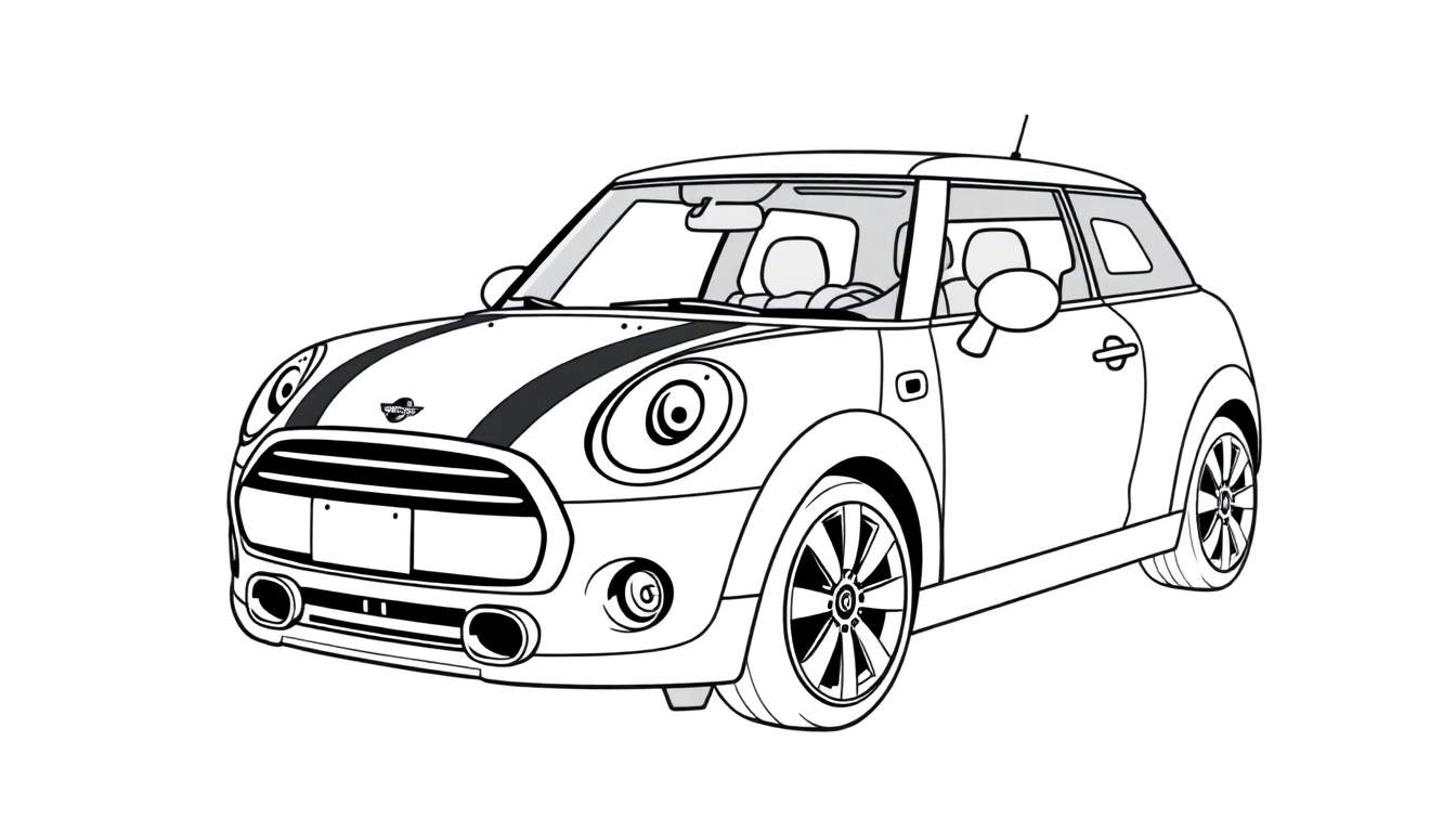 Kleurplaat van een nieuwe Mini Cooper in lijntekening.