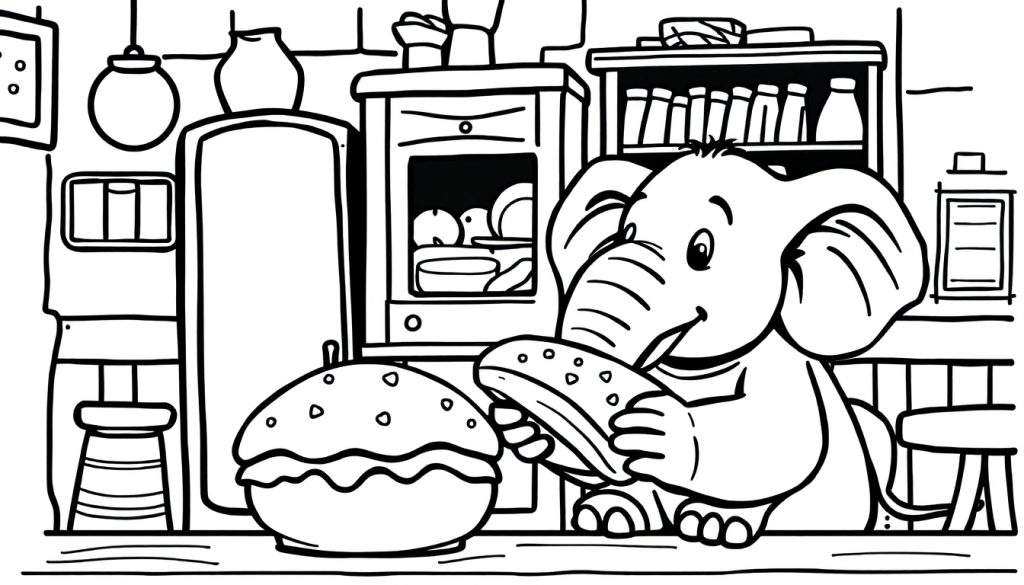 Een cartoon olifant eet een broodje in een keuken, in de stijl van een kleurplaat.