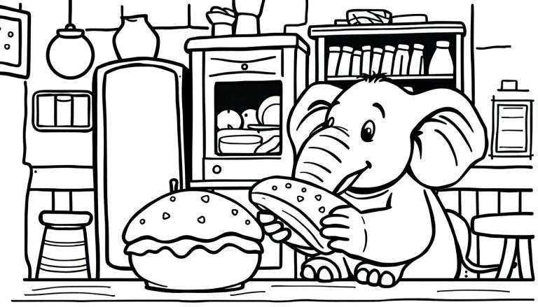Een cartoon olifant eet een broodje in een keuken, in de stijl van een kleurplaat.