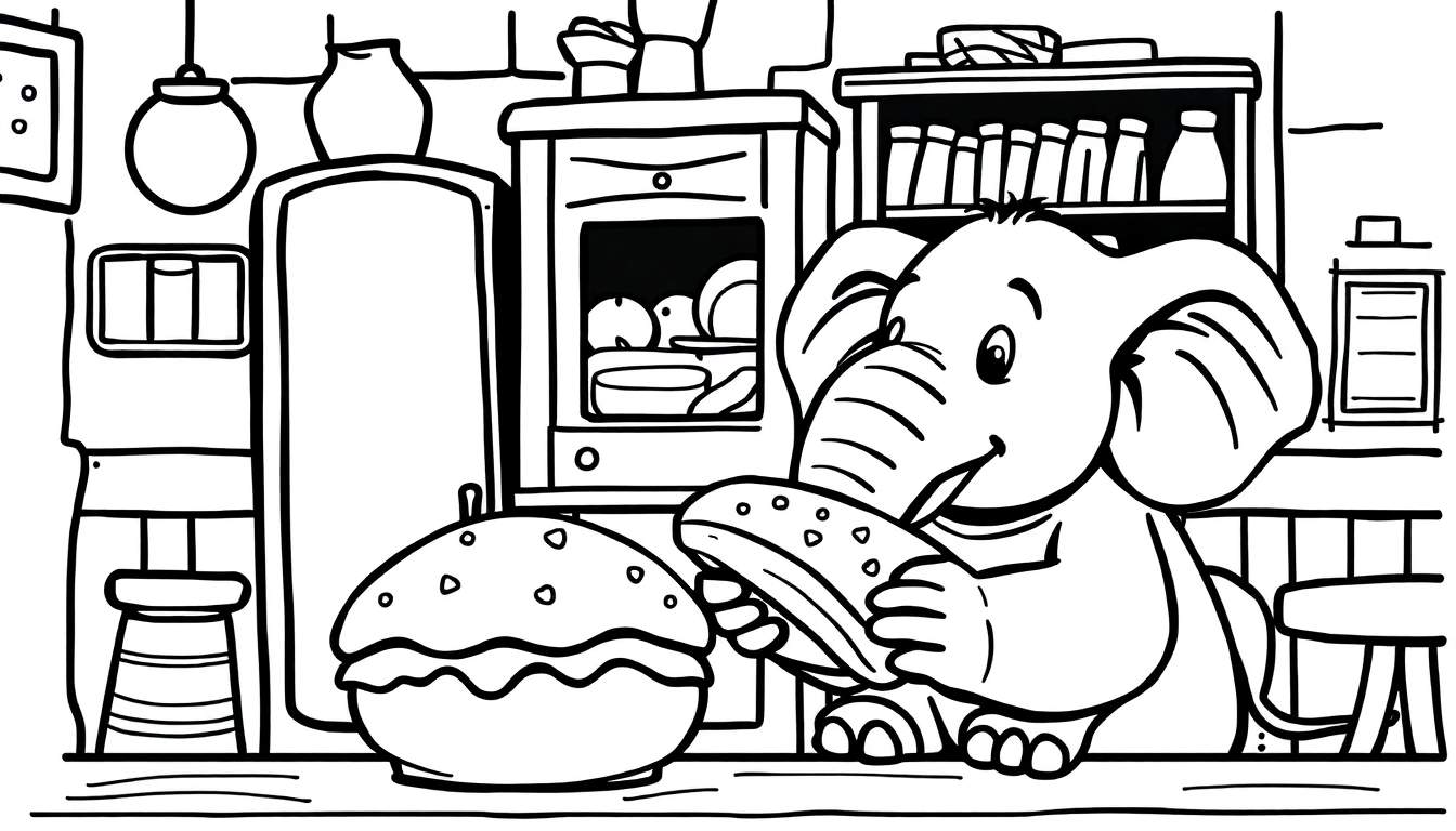 Een cartoon olifant eet een broodje in een keuken, in de stijl van een kleurplaat.