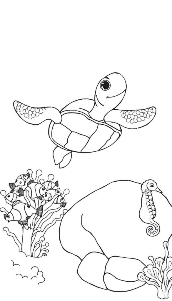 Kleurplaat van een onderwaterwereld met een schildpad, vissen en een zeepaardje.