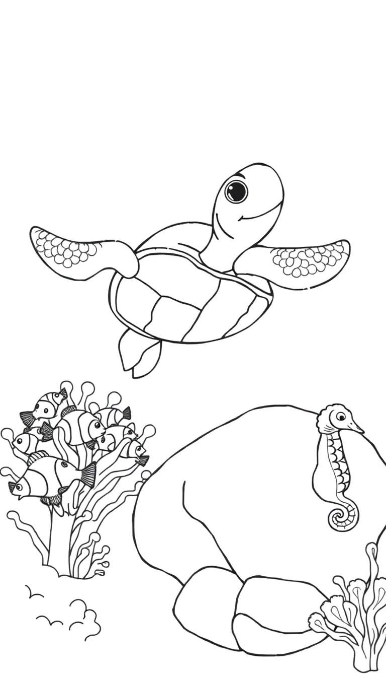 Kleurplaat van een onderwaterwereld met een schildpad, vissen en een zeepaardje.