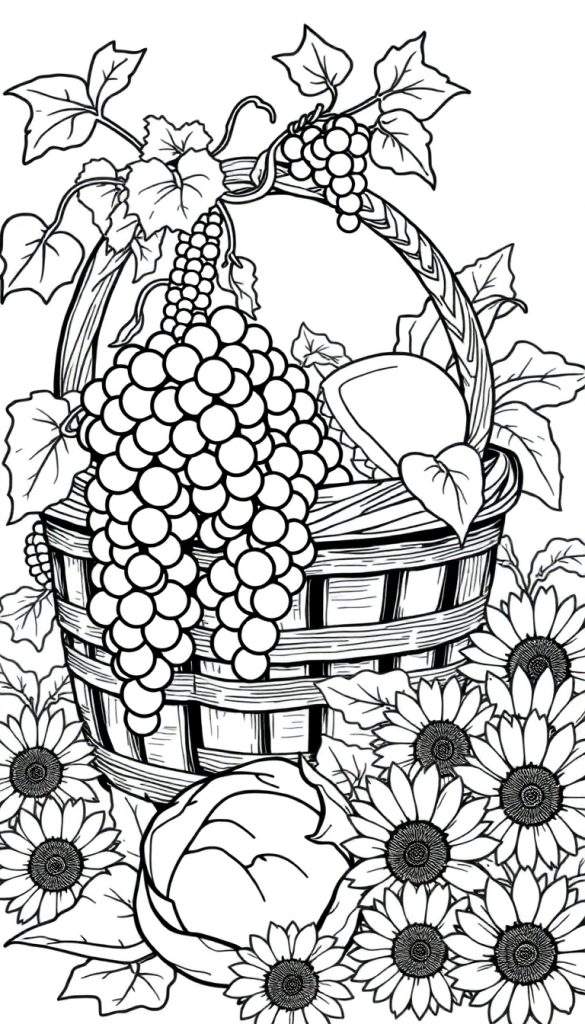 Zwart-wit kleurplaat van een oogstmand vol fruit en groenten, omringd door zonnebloemen.