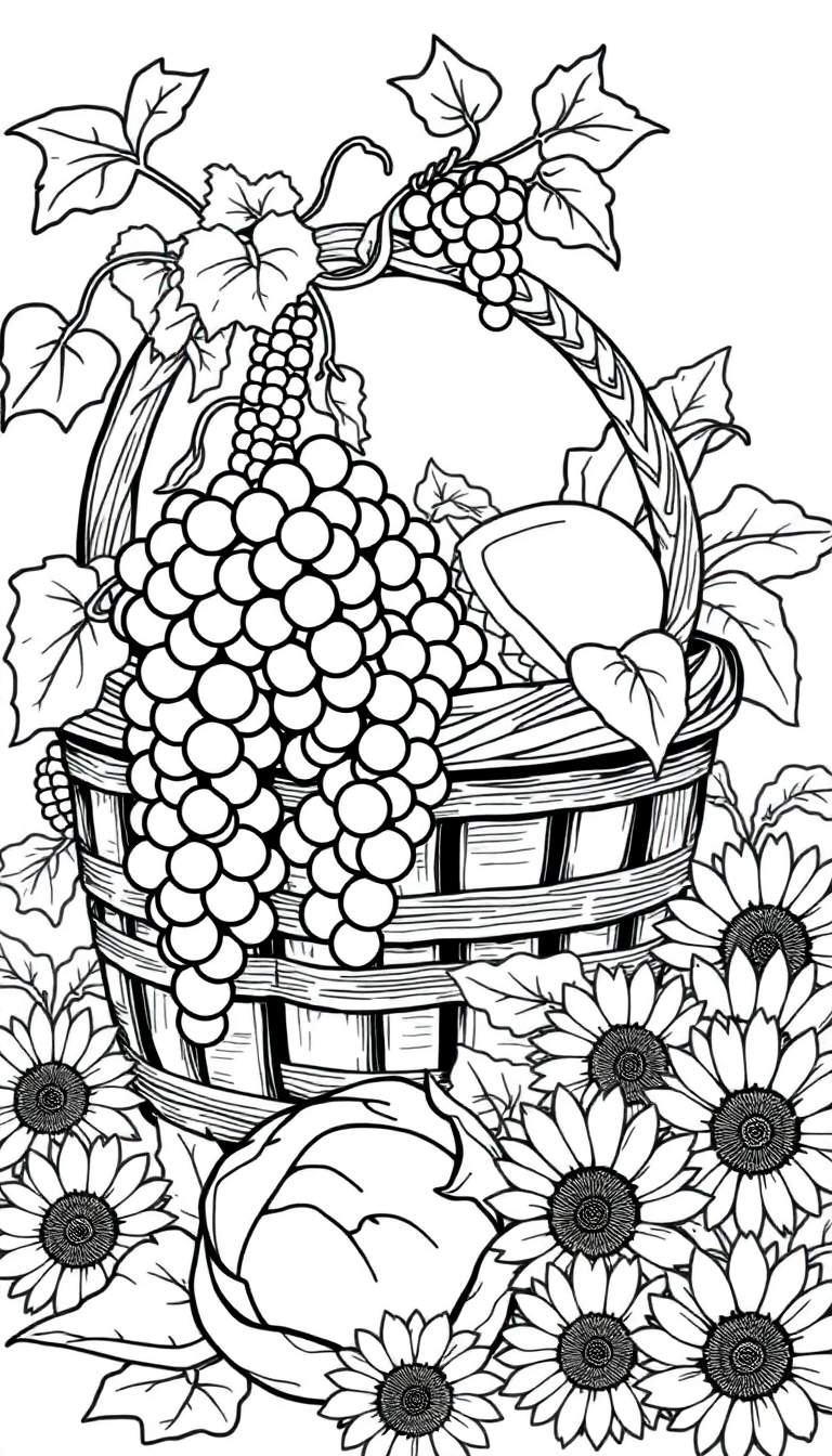 Zwart-wit kleurplaat van een oogstmand vol fruit en groenten, omringd door zonnebloemen.