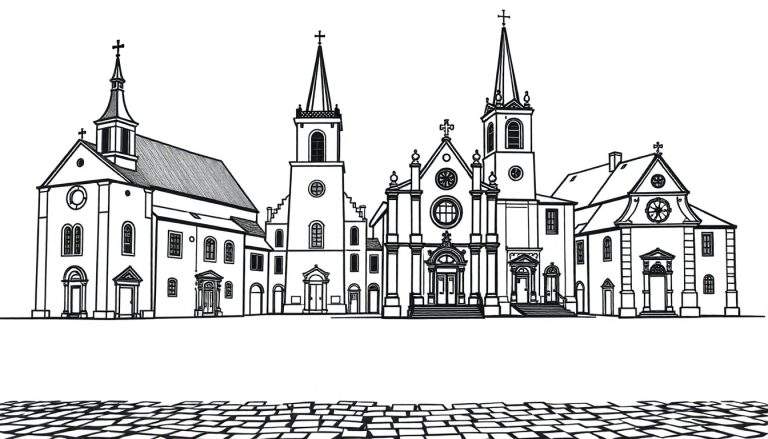 Kleurplaat van oude kerken met torens en kruisen.