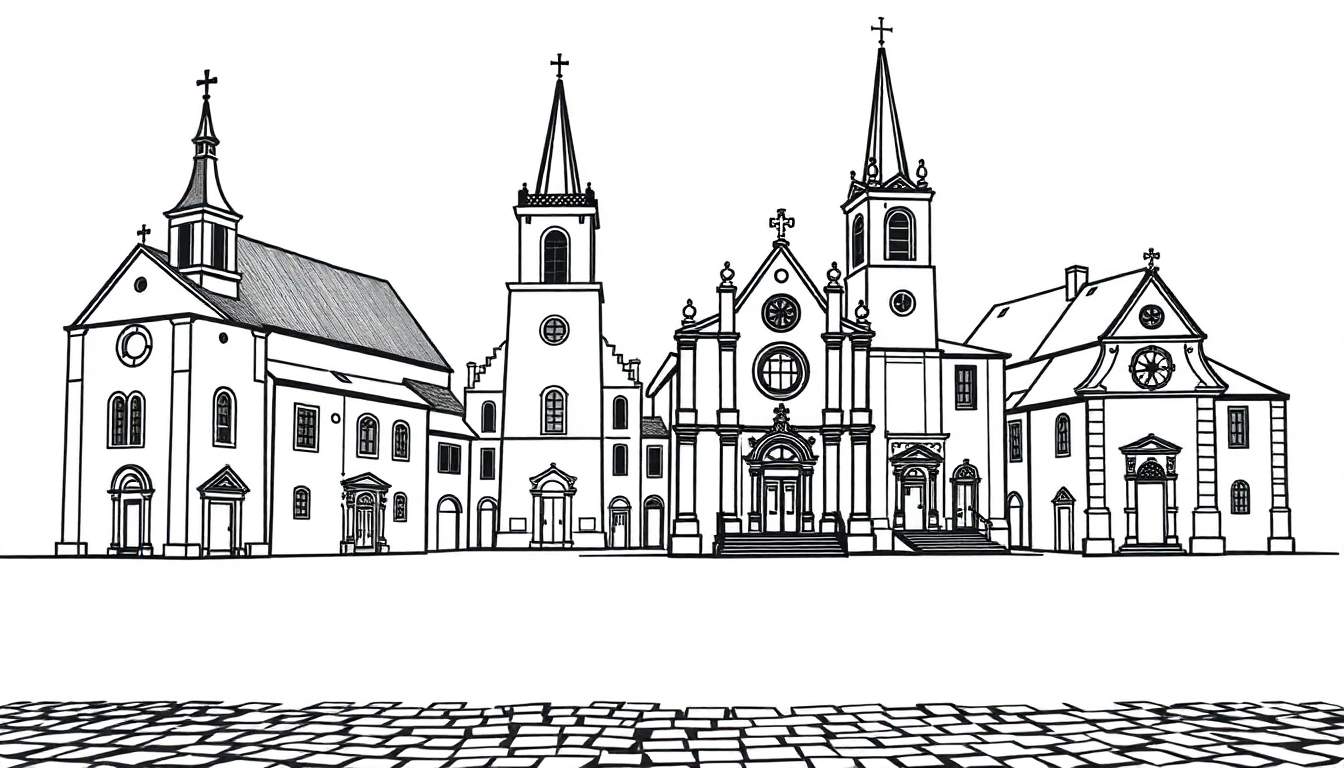 Kleurplaat van oude kerken met torens en kruisen.