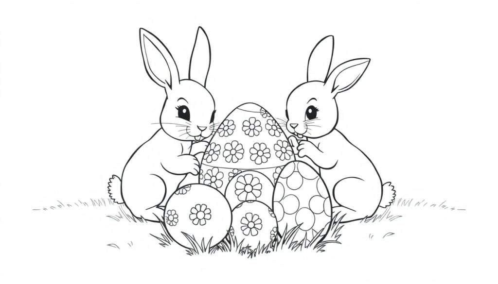 Kleurplaat van twee schattige konijntjes bij paaseieren.