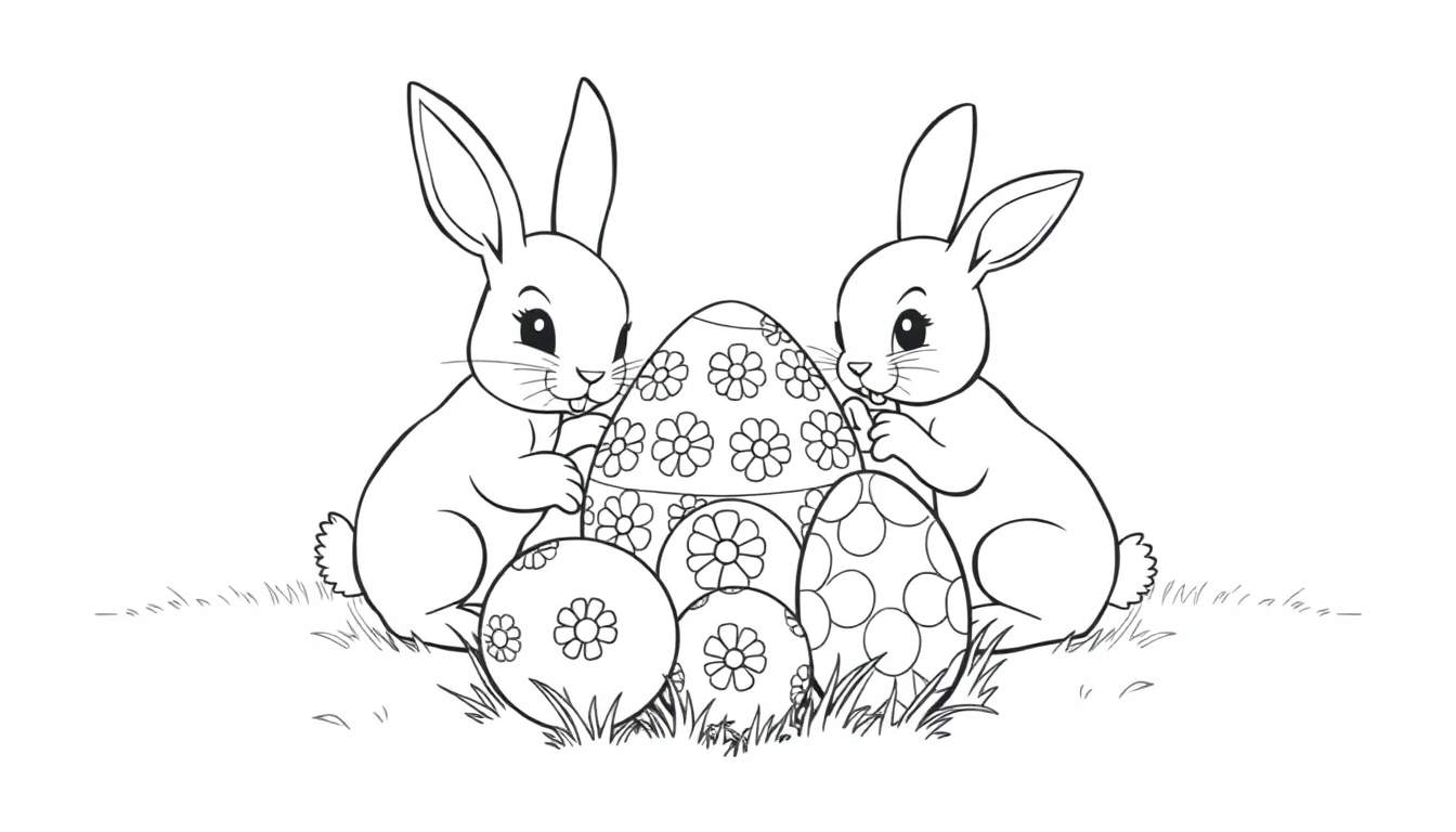 Kleurplaat van twee schattige konijntjes bij paaseieren.