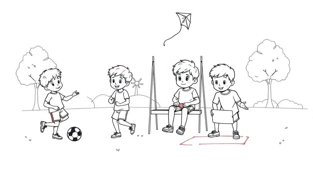 Kleurplaat van jongens die in een park spelen met een vlieger.