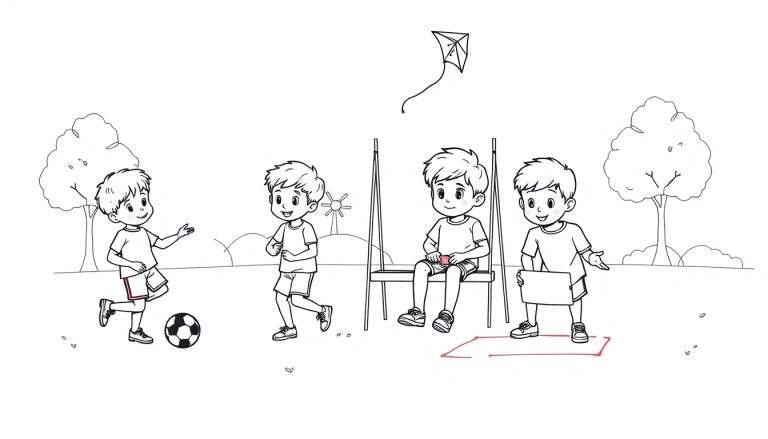 Kleurplaat van jongens die in een park spelen met een vlieger.