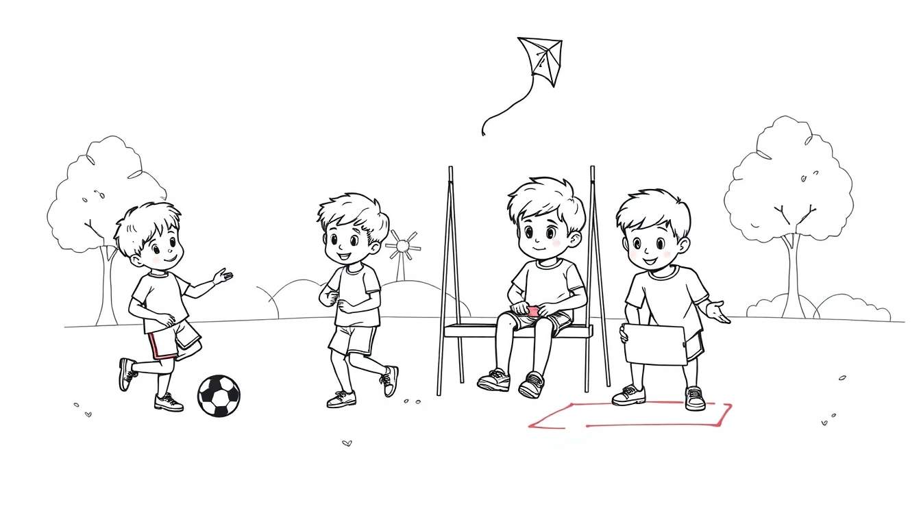 Kleurplaat van jongens die in een park spelen met een vlieger.