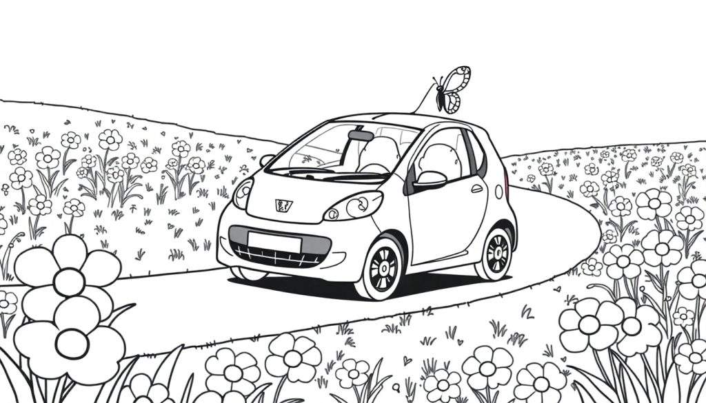 Een cartooneske kleurplaat van een Peugeot 107 op een bloemenveld met een vlinder op het dak.