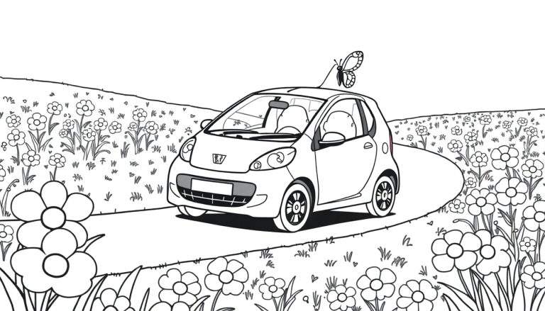 Een cartooneske kleurplaat van een Peugeot 107 op een bloemenveld met een vlinder op het dak.