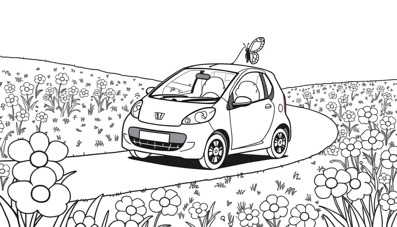 Een cartooneske kleurplaat van een Peugeot 107 op een bloemenveld met een vlinder op het dak.