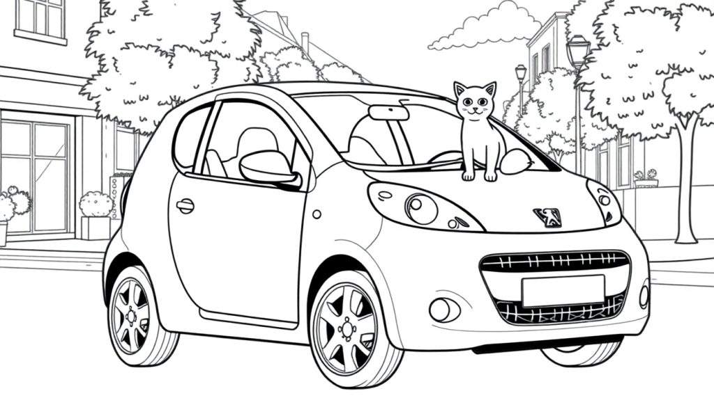 Kleurplaat van een Peugeot 107 met een kat op de motorkap.