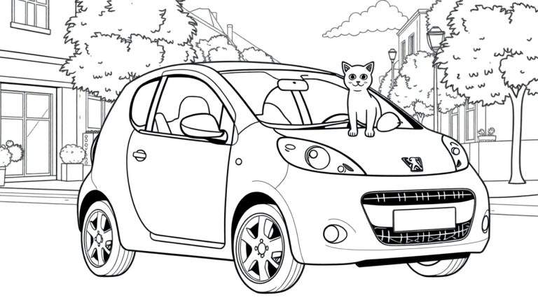 Kleurplaat van een Peugeot 107 met een kat op de motorkap.