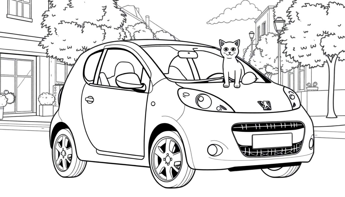 Kleurplaat van een Peugeot 107 met een kat op de motorkap.