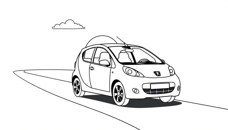 Een zwart-wit kleurplaat van een Peugeot 107 auto op een weg met een wolkje.