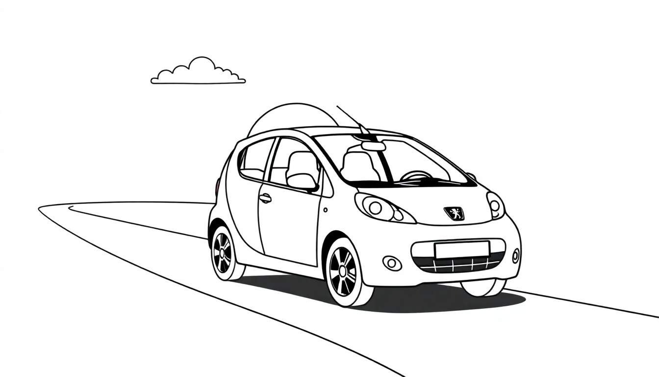 Een zwart-wit kleurplaat van een Peugeot 107 auto op een weg met een wolkje.