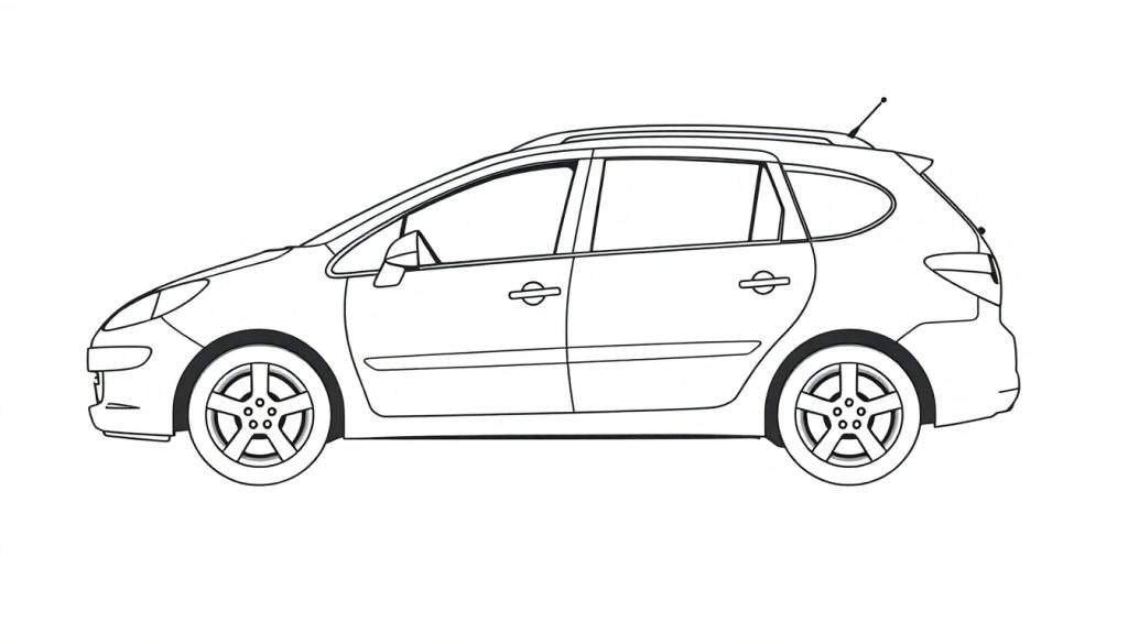 Kleurplaat van een Peugeot 207 stationwagon in zijaanzicht.