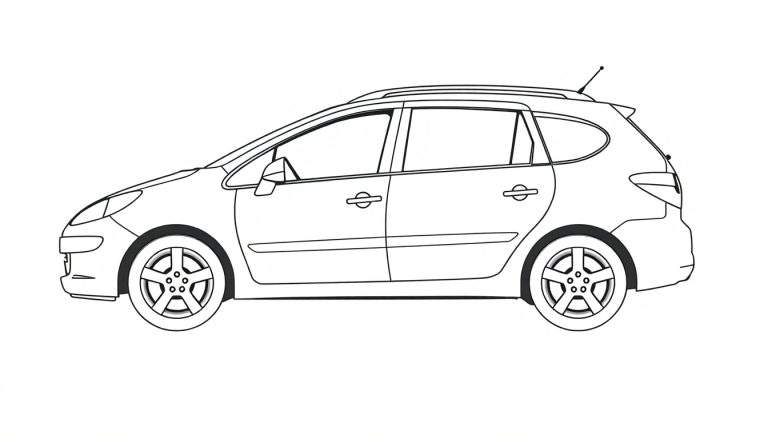 Kleurplaat van een Peugeot 207 stationwagon in zijaanzicht.