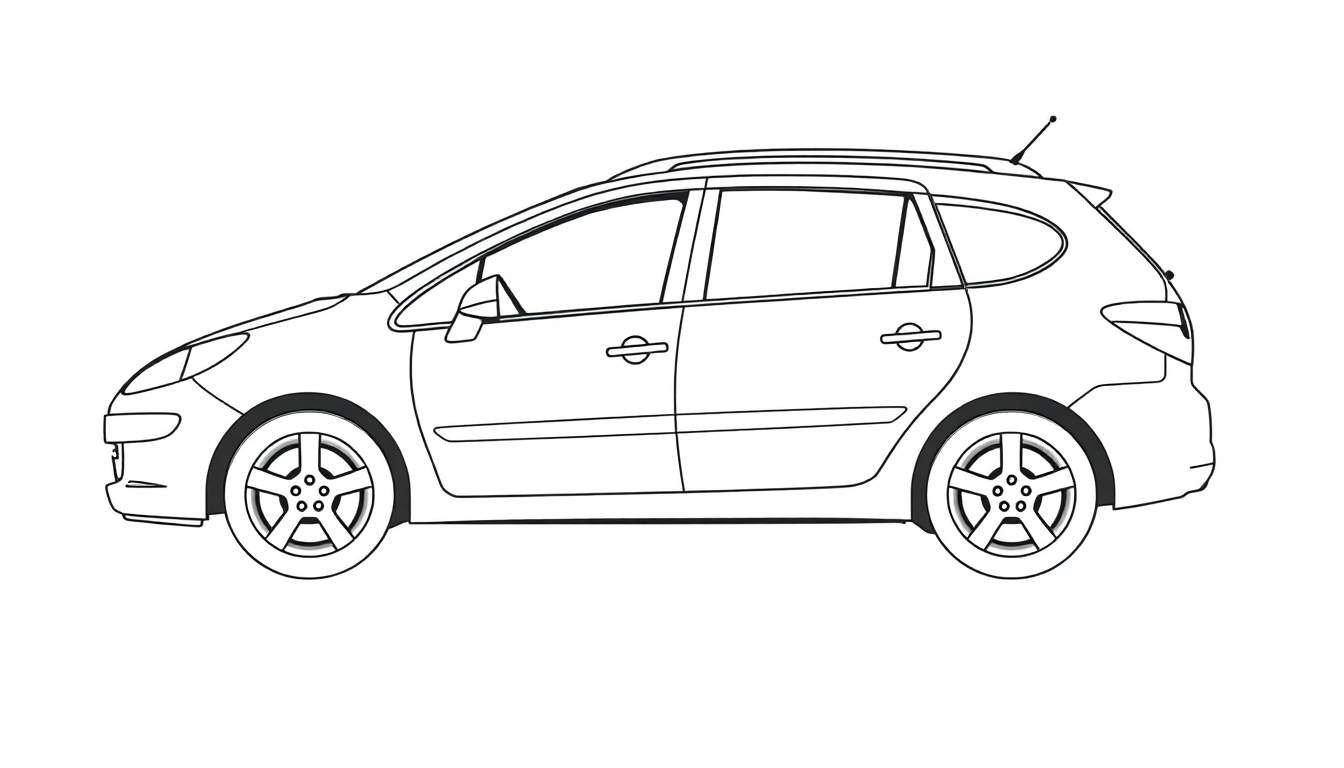 Kleurplaat van een Peugeot 207 stationwagon in zijaanzicht.