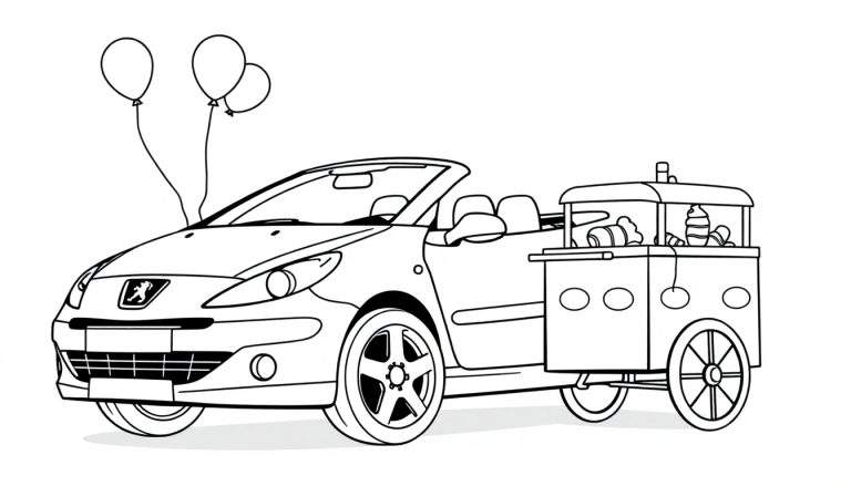 Zwart-wit kleurplaat van een Peugeot 307 Cabriolet met aanhanger.