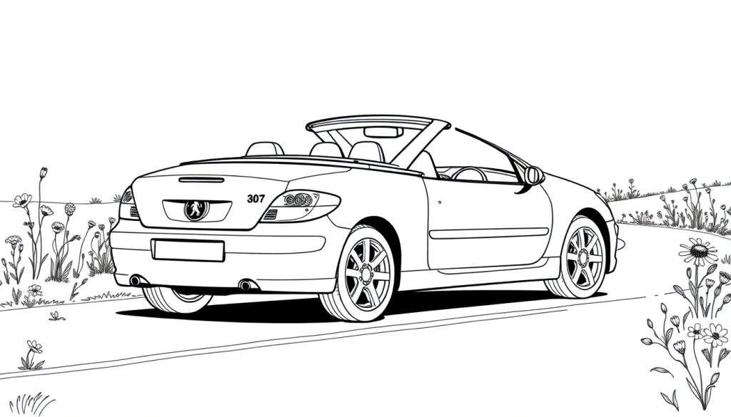 Kleurplaat van een Peugeot 307 cabriolet op een landweggetje met bloemen.