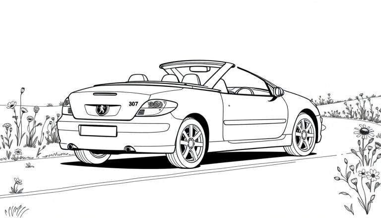 Kleurplaat van een Peugeot 307 cabriolet op een landweggetje met bloemen.