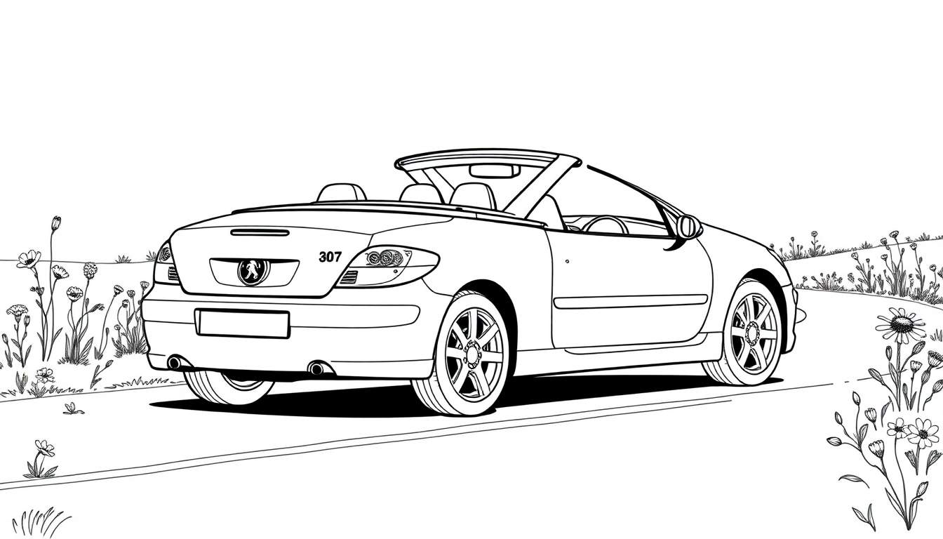 Kleurplaat van een Peugeot 307 cabriolet op een landweggetje met bloemen.
