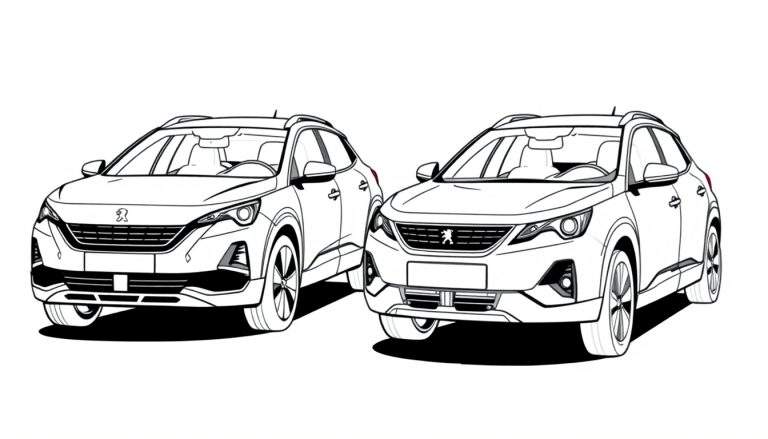 Kleurplaat van twee Peugeot SUV's, een 5008 en een 3008, naast elkaar.