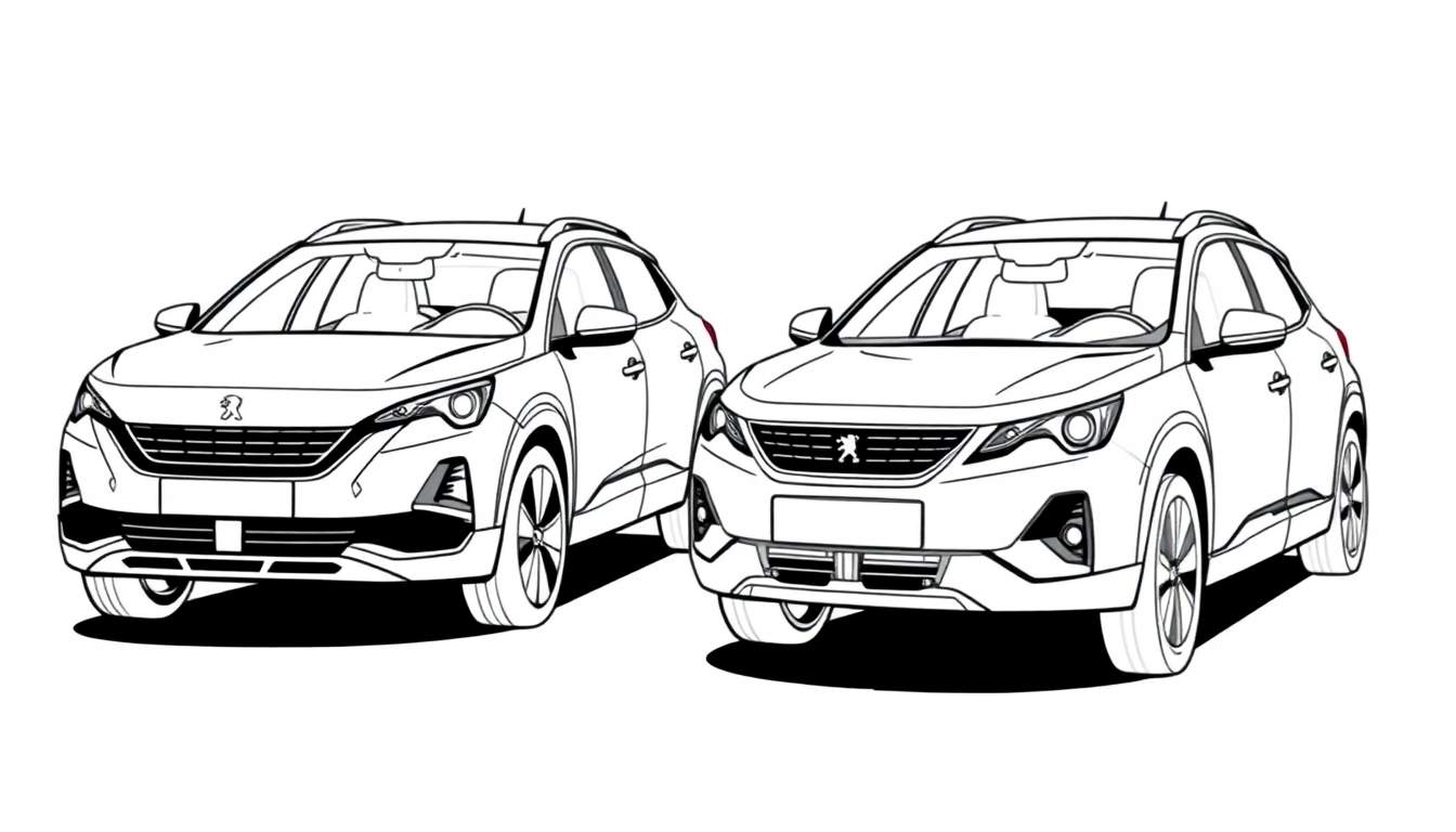 Kleurplaat van twee Peugeot SUV's, een 5008 en een 3008, naast elkaar.