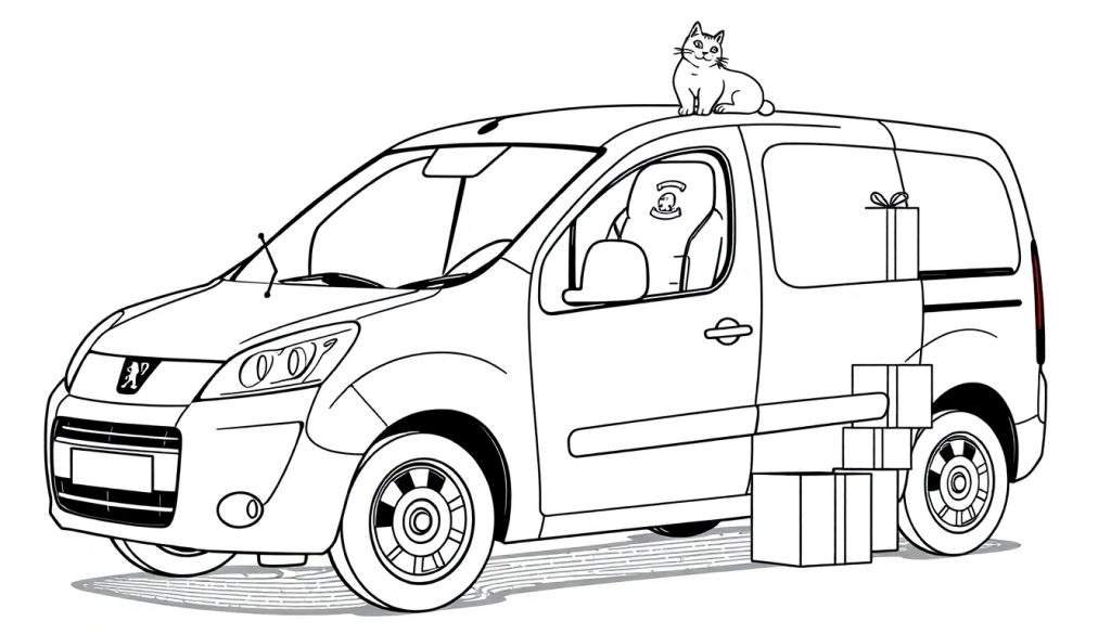 Kleurplaat van een Peugeot Partner bestelwagen met een kat op het dak en cadeautjes.