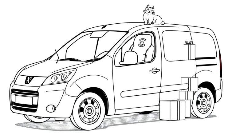 Kleurplaat van een Peugeot Partner bestelwagen met een kat op het dak en cadeautjes.
