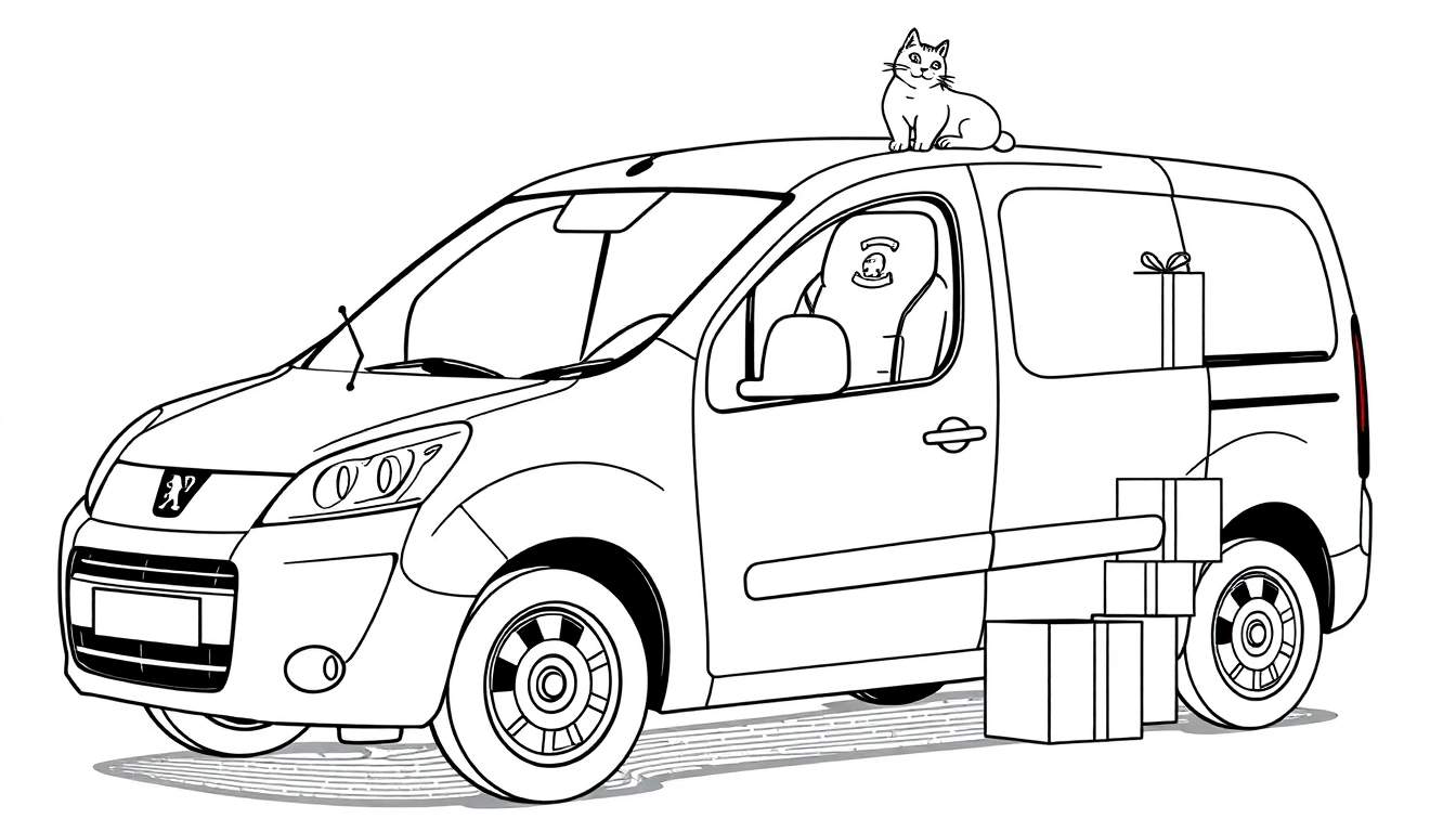 Kleurplaat van een Peugeot Partner bestelwagen met een kat op het dak en cadeautjes.