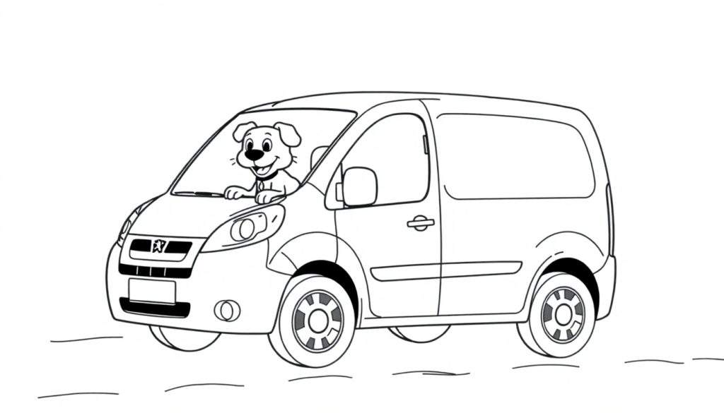 Kleurplaat van een Peugeot Partner bestelwagen met een hond achter het stuur.
