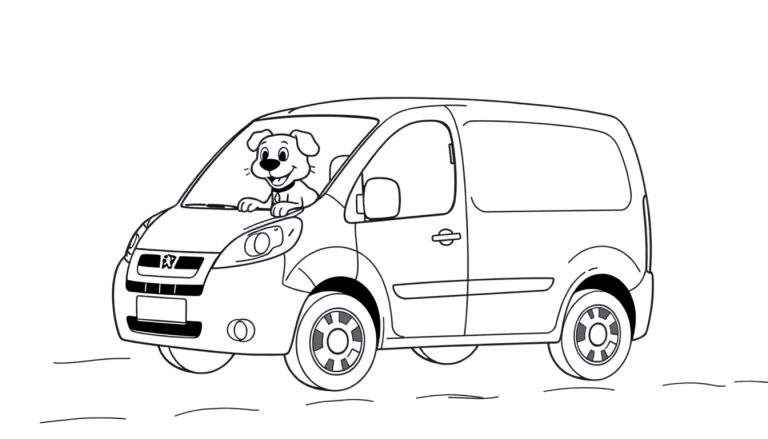 Kleurplaat van een Peugeot Partner bestelwagen met een hond achter het stuur.