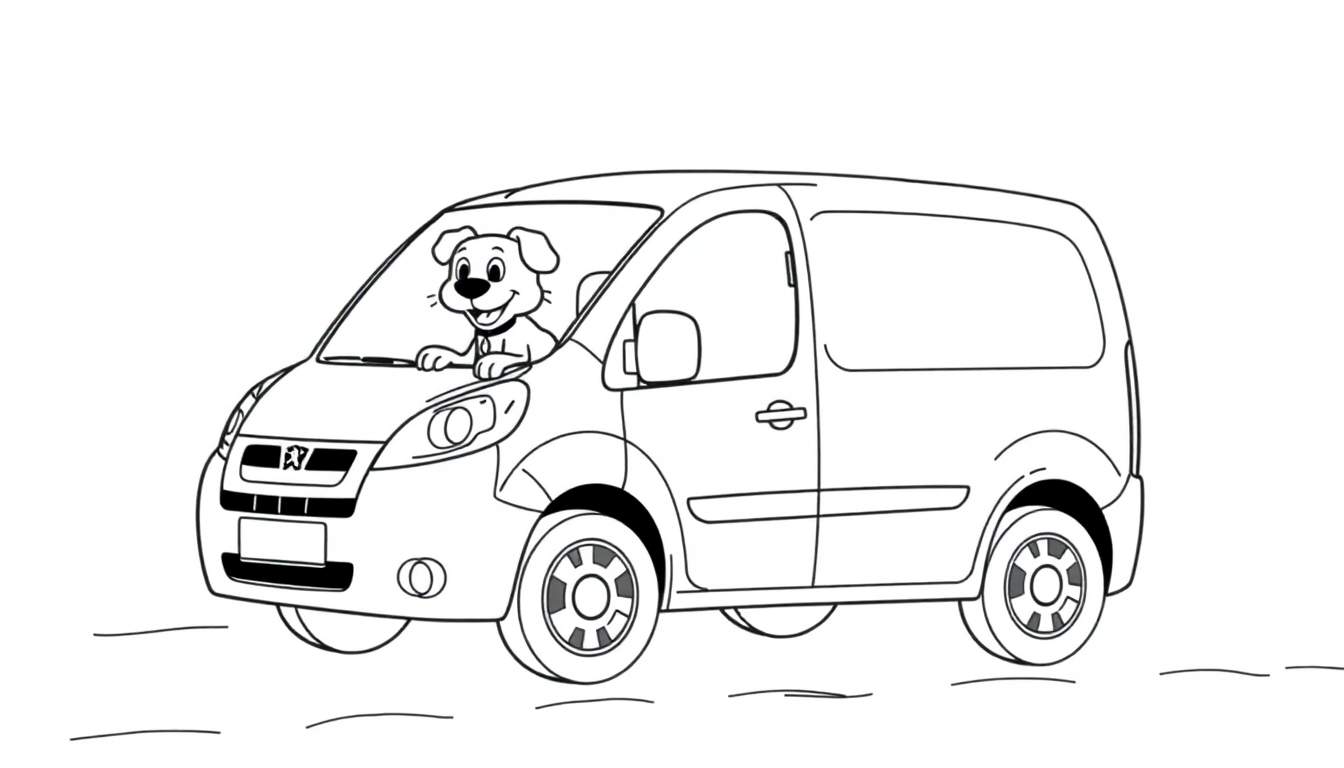 Kleurplaat van een Peugeot Partner bestelwagen met een hond achter het stuur.
