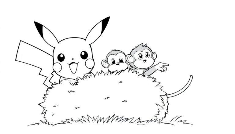 Een kleurplaat van Pikachu en twee aapjes achter gras.