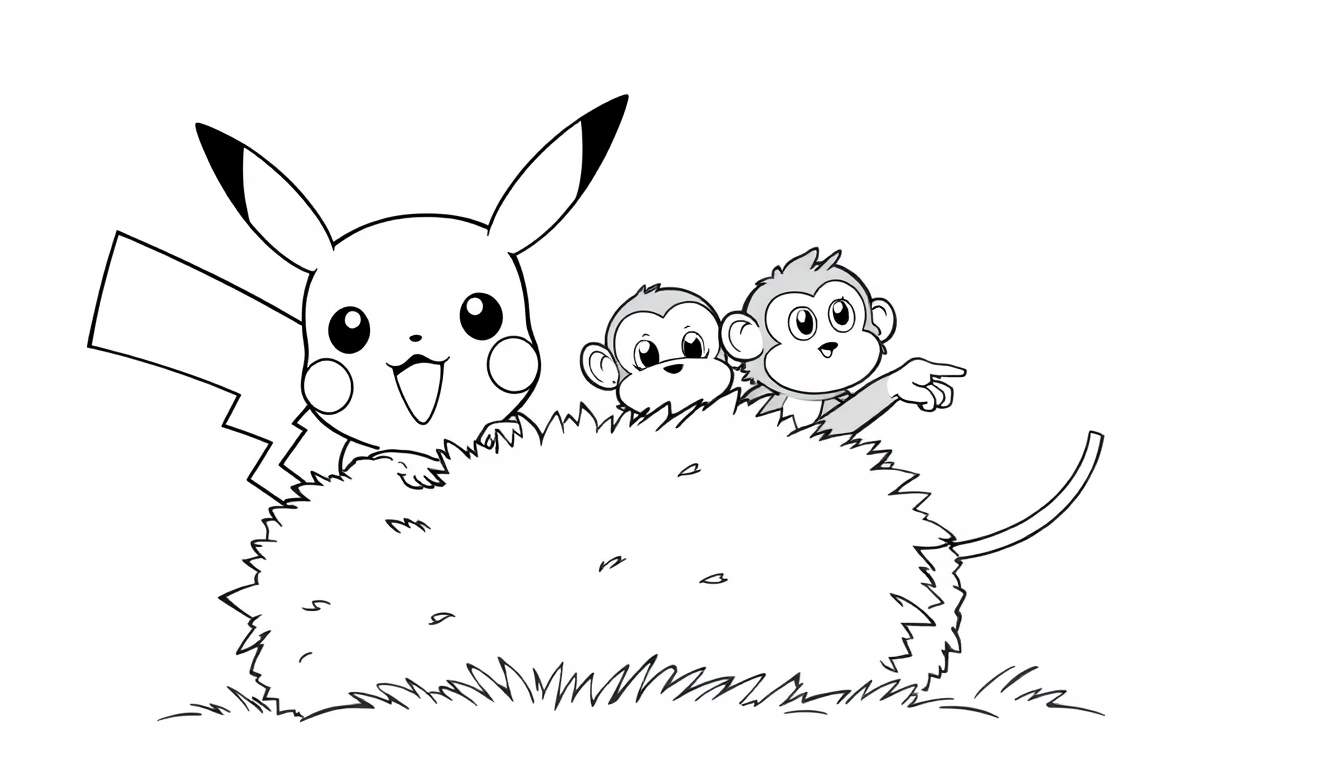 Een kleurplaat van Pikachu en twee aapjes achter gras.