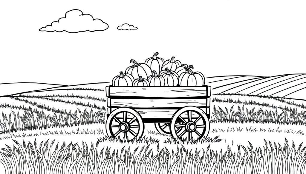 Een kleurplaat van een herfstscène met een pompoenkar in graanvelden.
