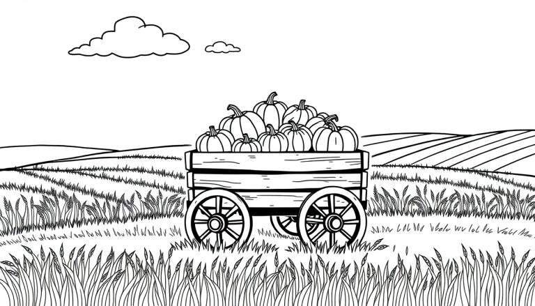 Een kleurplaat van een herfstscène met een pompoenkar in graanvelden.
