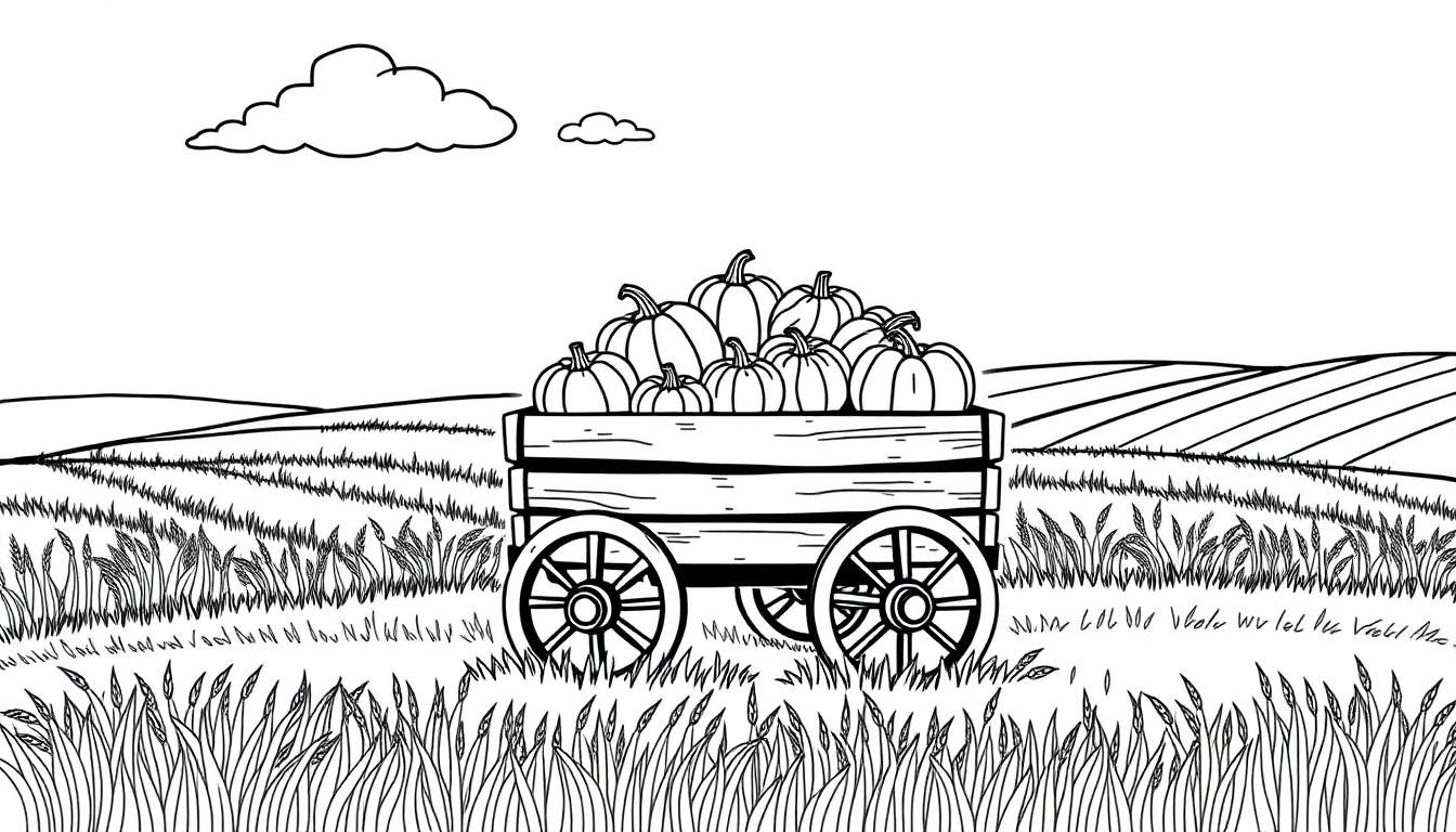Een kleurplaat van een herfstscène met een pompoenkar in graanvelden.