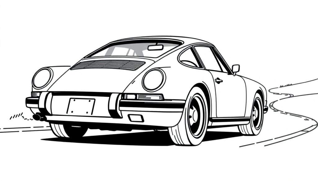 Kleurplaat van een klassieke Porsche 911 sportwagen, gezien van achteren, op een bochtige weg.
