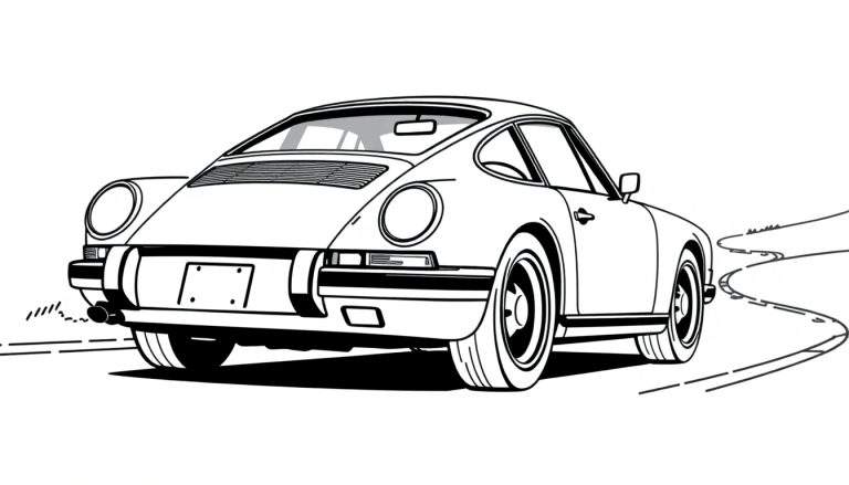 Kleurplaat van een klassieke Porsche 911 sportwagen, gezien van achteren, op een bochtige weg.