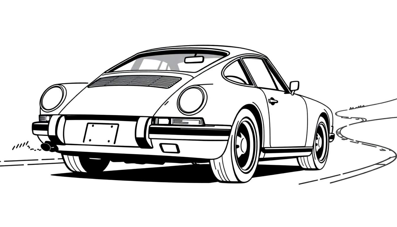 Kleurplaat van een klassieke Porsche 911 sportwagen, gezien van achteren, op een bochtige weg.