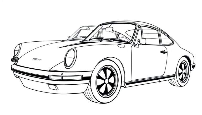 Kleurplaat van twee Porsche 911 auto's, een coupe en een cabriolet.