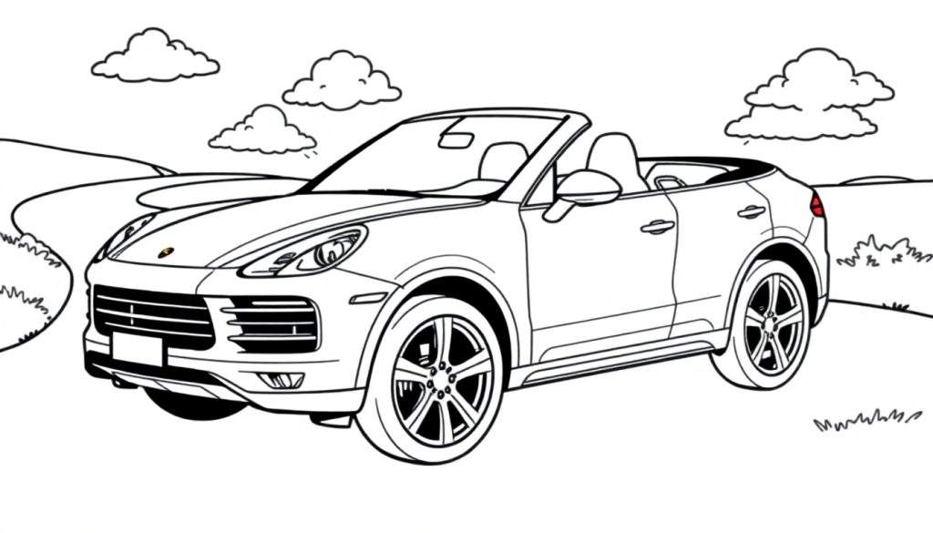 Kleurplaat van een Porsche Cayenne cabriolet in de natuur.