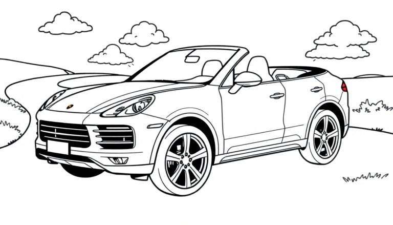 Kleurplaat van een Porsche Cayenne cabriolet in de natuur.