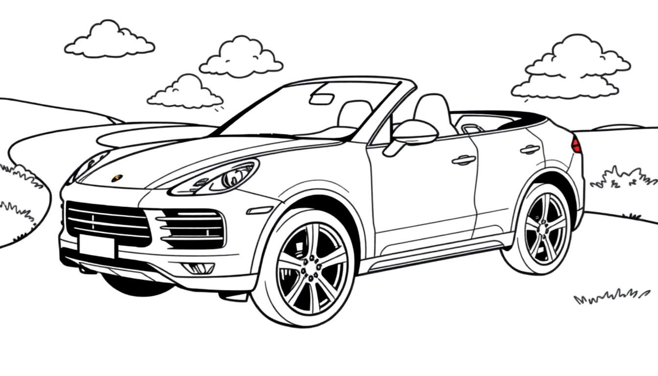 Kleurplaat van een Porsche Cayenne cabriolet in de natuur.